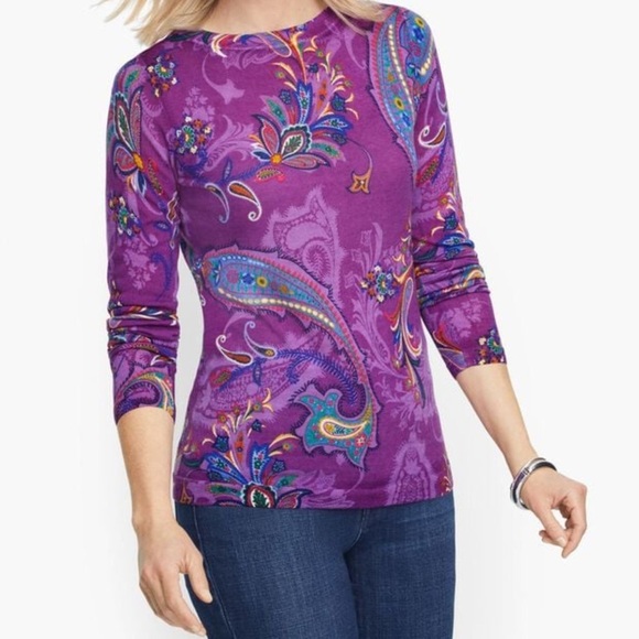 Talbots Shadow Paisley Purple Pure Merino Wool Long Sleeve Sweater Size XL - Picture 1 of 8